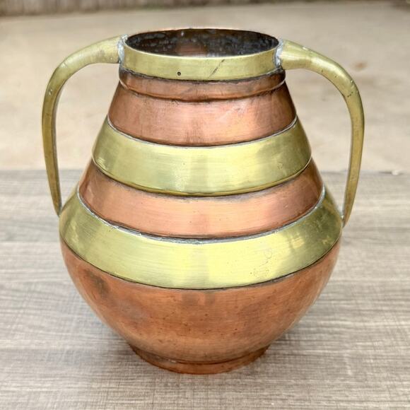 Unbranded Other - Vintage Hand Hammered Copper Brass Two Handle Vase Jardiniere 7" Made in China